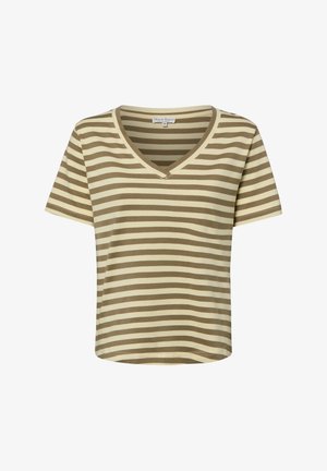 Beiges und braunes kurzärmeliges T-Shirt mit horizontalen Streifen, V-Ausschnitt und kleinem Stoffetikett innen am Kragen.