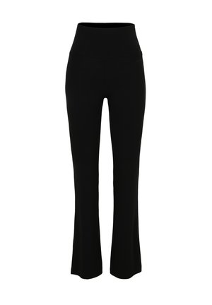 Leggings neri a zampa con vita alta, realizzati in tessuto elasticizzato. Texture liscia, senza motivi o decorazioni. Design semplice.