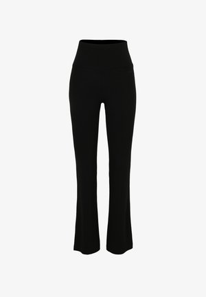 Leggings neri a zampa con vita alta, realizzati in tessuto elasticizzato. Texture liscia, senza motivi o decorazioni. Design semplice.