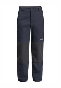 Pantaloni da esterno blu navy con un pannello grigio chiaro sulle ginocchia. Realizzati in tessuto resistente, con polsini elastici alle caviglie e chiusura con bottone.