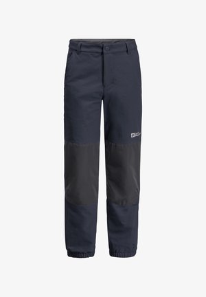Marineblaue Outdoor-Hosen mit einem helleren grauen Einsatz an den Knien. Hergestellt aus strapazierfähigem Material mit elastischen Bündchen an den Füßen und einem Knopfverschluss.
