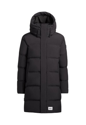 Black puffer jacket with a hood, featuring a quilted design, long sleeves, and a front zipper closure. Logo tag at the hem.