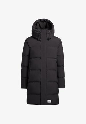 Black puffer jacket with a hood, featuring a quilted design, long sleeves, and a front zipper closure. Logo tag at the hem.