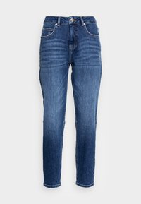 Mörkblå denimjeans med slim fit, som har en dragkedja, fem fickor och subtila blekningar längs låren och knäna.