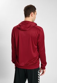 Bordowa bluza z kapturem o lekkiej, gładkiej fakturze. Posiada centralny szew z tyłu oraz kaptur. W zestawie czarne szorty z białymi akcentami.