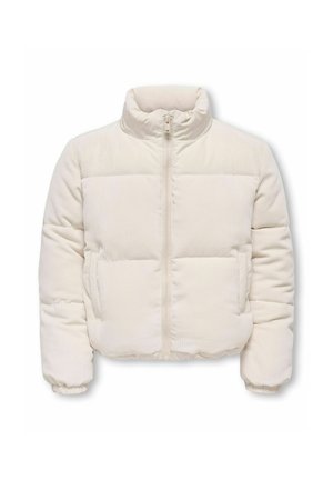 Veste matelassée de couleur crème avec col montant, fermeture éclair intégrale à l'avant et poches latérales, fabriquée en tissu côtelé.