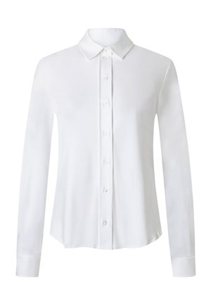 Weißes Langarm-Hemd mit Knöpfen, spitzem Kragen und Manschetten, von vorne vor schlichtem Hintergrund gezeigt.