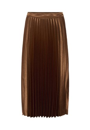 Jupe plissée marron en matériau brillant, dotée d'une taille haute et d'une silhouette évasée.