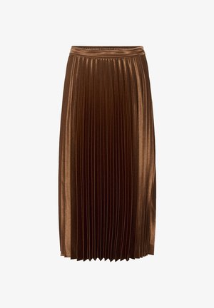 Falda plisada marrón hecha de un material brillante, con una cinturilla alta y una silueta A-line fluida.