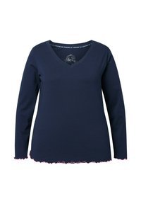 Námořnické tričko s dlouhým rukávem a véčkovým výstřihem, se skládacím lemem lemovaným růžovou barvou a potiskem uvnitř výstřihu. Hladký bavlněný materiál.