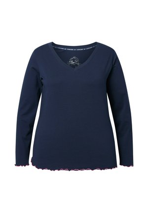 Chemise à manches longues marine avec un col en V, présentant un ourlet à volants bordé de rose et un motif imprimé à l'intérieur de l'encolure. Matière en coton lisse.