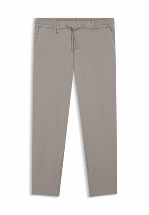 Pantaloni grigio chiaro, leggeri, con elastico in vita, chiusura con coulisse e tasche laterali; tessuto strutturato con finitura liscia.