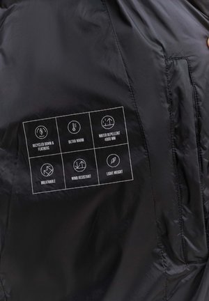 Black jacket interior featuring a label with icons highlighting recycled down, warmth, water repellency (4000 mm), breathability, wind resistance, and lightweight.