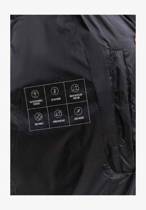 Black jacket interior featuring a label with icons highlighting recycled down, warmth, water repellency (4000 mm), breathability, wind resistance, and lightweight.