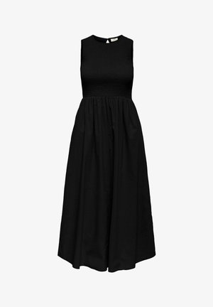 Črna midi obleka brez rokavov z oprijetim teksturiranim korzetom in naborki na polni krilu, okrogel izrez in zapiranje z gumbom s ključavnico na hrbtu.
