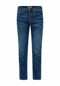 Jeans de mezclilla azul oscuro con un diseño ajustado, cinco bolsillos y cierre de botón. Presentan costuras decorativas y un corte recto.