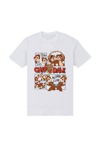 Hvid t-shirt med farverige tegneseriegrafikker af jordegern og teksten "CHIP 'N' DALE ACORN CLUB" i fed rød skrift.