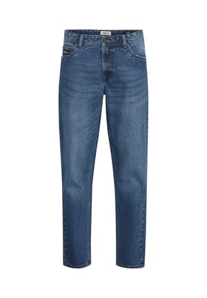 Blugi din denim albastru cu croială dreaptă, design cu cinci buzunare și cusături contrastante. Are închidere cu nasture și fermoar.