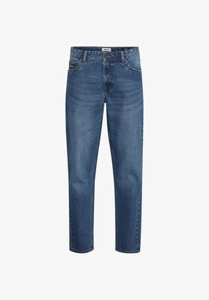 Blugi din denim albastru cu croială dreaptă, design cu cinci buzunare și cusături contrastante. Are închidere cu nasture și fermoar.