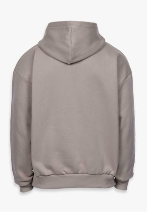 Sweat-shirt à capuche gris clair avec manches longues, poignets côtelés et taille côtelée, vu de dos sur un fond blanc.