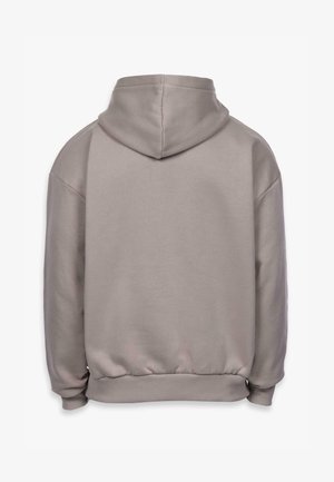 Sweat-shirt à capuche gris clair avec manches longues, poignets côtelés et taille côtelée, vu de dos sur un fond blanc.