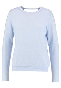 Sweatshirt à manches longues bleu clair en tissu doux, avec un col rond et un motif texturé subtil. Le dos présente un petit détail d'ouverture.