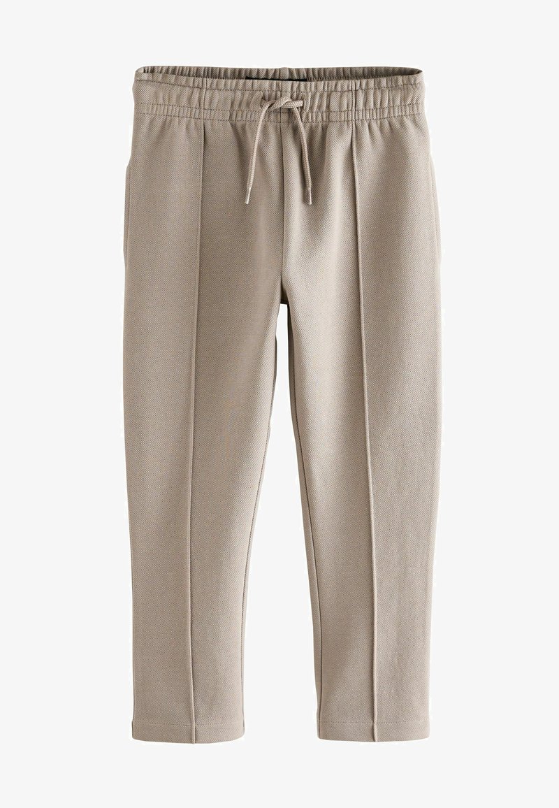 Beige sweatpants med elastisk talje, justerbar snor, sidelommer og struktureret stof; tapered ben og plisseret design.