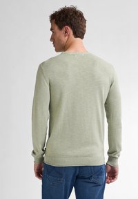 Hellgrüner Strickpullover mit langen Ärmeln, Rundhalsausschnitt und gerippten Bündchen sowie Saum, kombiniert mit blauen Jeans. Weiche Textur mit subtiler Musterung.