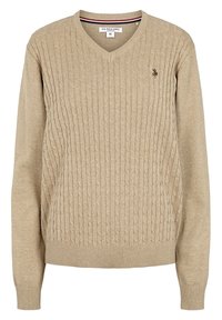 Beiger Strickpullover mit V-Ausschnitt, gerippten Bündchen und Saum. Verfügt über ein kleines gesticktes Logo auf der Brust. Hergestellt aus weichem Stoff. Größe Medium.