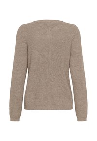Beige knit sweater with a ribbed texture, long sleeves, and a rounded neckline. The back view shows a simple, unadorned design.
