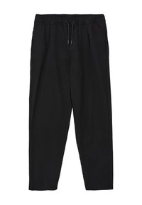 Pantalons de jogging noirs en tissu doux, avec une taille élastique et des cordons de serrage ajustables, ainsi que des poches latérales. Design à jambes droites.