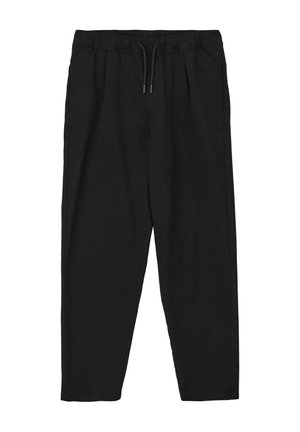 Pantalons de jogging noirs en tissu doux, avec une taille élastique et des cordons de serrage ajustables, ainsi que des poches latérales. Design à jambes droites.