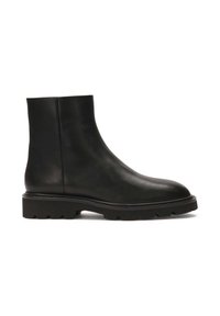 Black leather ankle boot with a rounded toe and chunky rubber sole. Smooth texture with minimal stitching details and a sleek design.