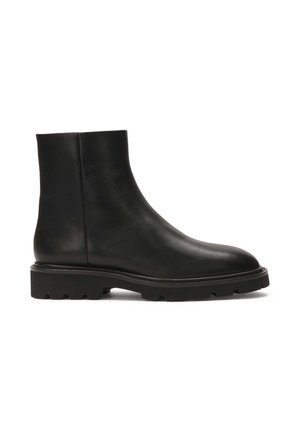 Black leather ankle boot with a rounded toe and chunky rubber sole. Smooth texture with minimal stitching details and a sleek design.