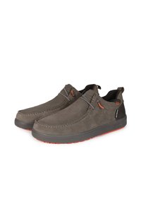 Gray suede shoes with a rounded toe and stitched details. Features orange accents, a rubber sole, and a lace-up design.