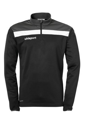 Zwarte sportpullover met een ritskraag, voorzien van een witte horizontale streep over de borst en een logo aan de linkerzijde. Zachte, gestructureerde stof.
