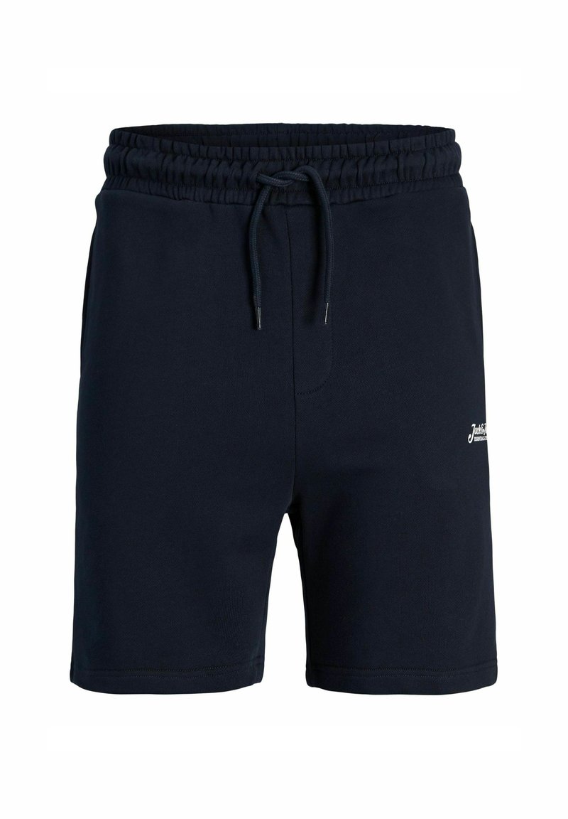 Marineblauwe katoenen shorts met een elastische tailleband, trekkoord en zijzakken. Bevat een klein wit logo aan de voorkant.