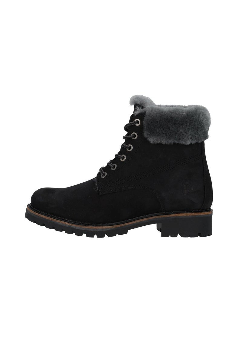 Stivaletti neri in suede con risvolto in pelliccia sintetica grigia, punta tonda, occhielli in metallo e suola in gomma texturizzata con tacco basso a blocco.