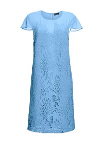 Helles blaues Kleid mit kurzen, schwingenden Ärmeln. Verfügt über filigrane Durchbrüche in Blattmustern und einen runden Ausschnitt mit einem Verschluss im Rücken.