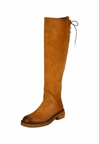 Botte en cuir marron hauteur genou avec une finition lisse, bout arrondi et talon en bois. Dispose d'un détail de lacet à l'arrière pour l'ajustement.