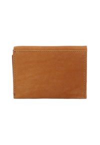 Tan leather wallet, rectangular shape with smooth texture. Neatly stitched edges, no visible hardware or patterns on the surface.
