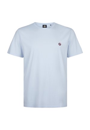 Tricou cu mânecă scurtă, de culoare albastru deschis, din bumbac. Are un guler rotund și un mic logo rotund pe zona din stânga pieptului.