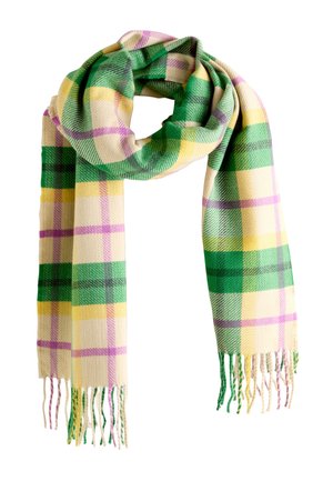 Miękki tkaniny szalik w kratkę w kolorach zielonym, żółtym, kremowym i purpurowym, zawiązany na pętlę z frędzlami na końcach.