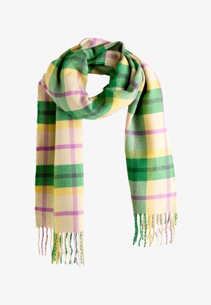 Blød vævet tørklæde med grønt, gult, creme og lilla ternet mønster, knyttet i en løkke med frynser i enderne.