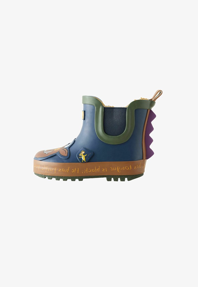 Kinder Gummistiefel in Blau und Grün mit Cartoon-Maus- und Reh-Motiven und lila Zickzack-Absatzdetail.