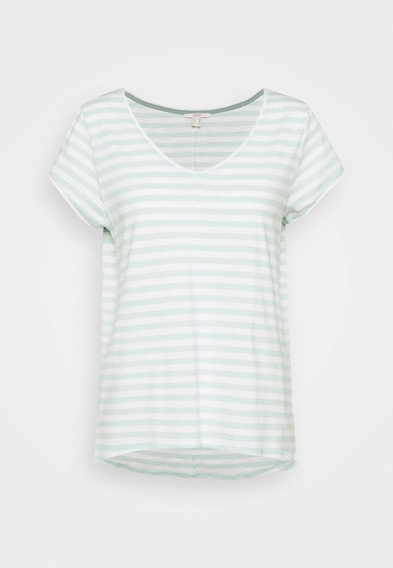 Vaalean mintunvihreä ja valkoinen raidoitettu t-paita, lyhyet hihat, V-pääntie, pehmeää kangasta, jossa on rento istuvuus ja pyöristetty helma.