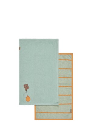 Two soft pastel green baby towels, one with an embroidered brown bear holding an orange balloon, the other striped with orange borders.