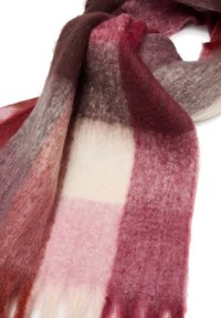 Sciarpa in lana con motivo a quadri in tonalità di bordeaux, rosa e crema. Morbido al tatto con bordi frangiati. Design caldo e accogliente.