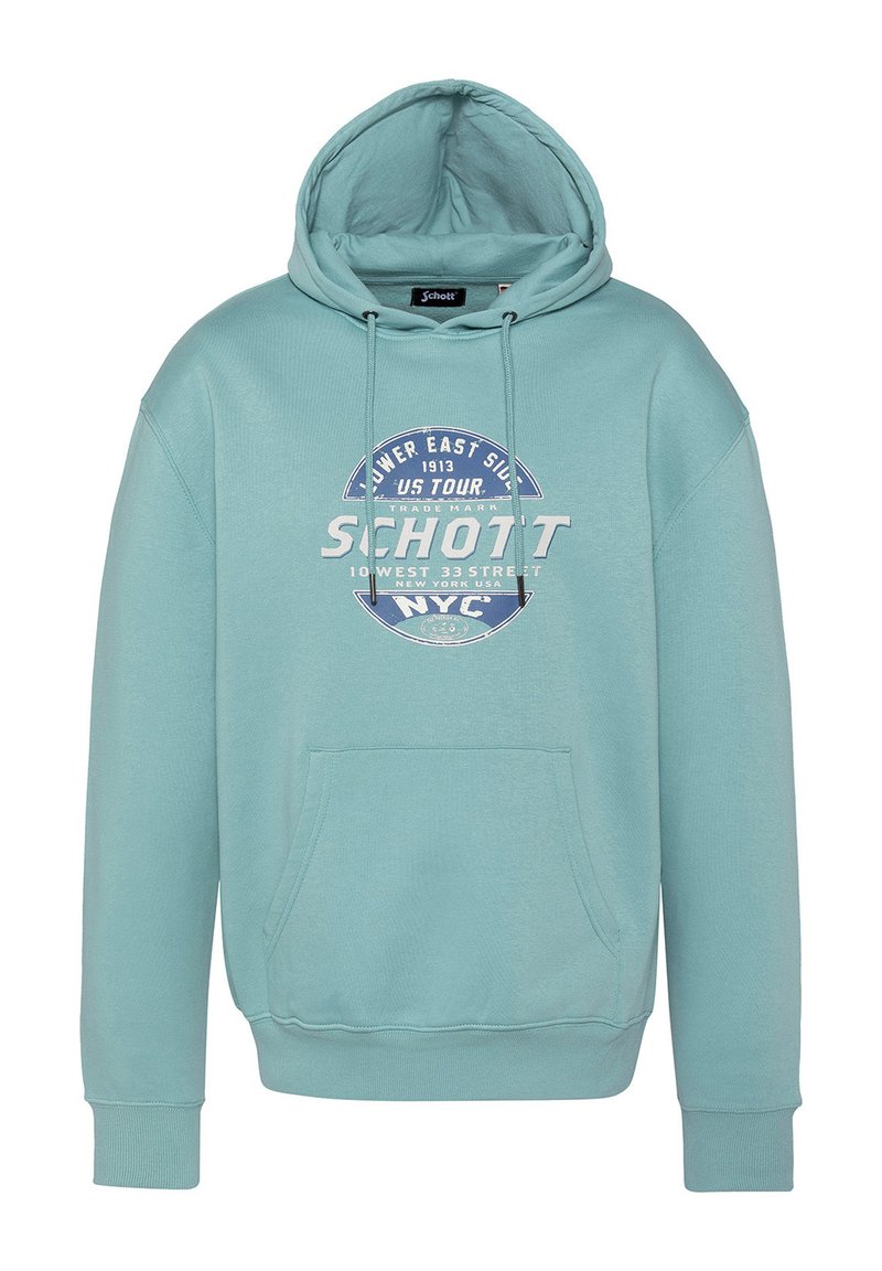 Sudadera de color verde claro con un bolsillo frontal, capucha con cordón y un gráfico circular impreso que presenta "Schott" y detalles de ubicación. Material suave.