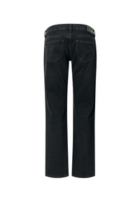 Jeans de mezclilla negra con un corte recto, cinco bolsillos y dos lazos para cinturón. La parte posterior cuenta con un parche de marca cerca de la cinturilla.